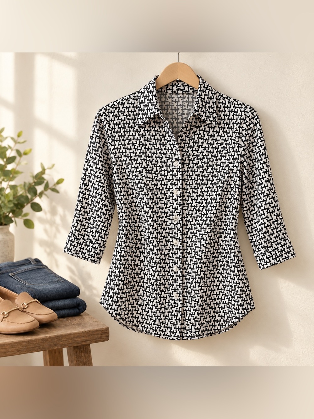 Foxcroft NYC Easy Care Black White Geometric Button Up Shirt Size Small